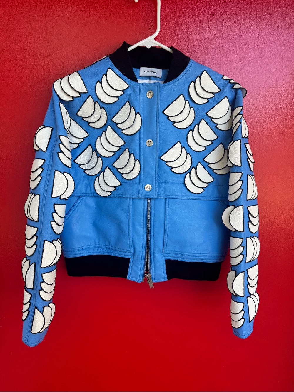 Courreges Blue Vinyl Bomber Jacket with White Appliqué